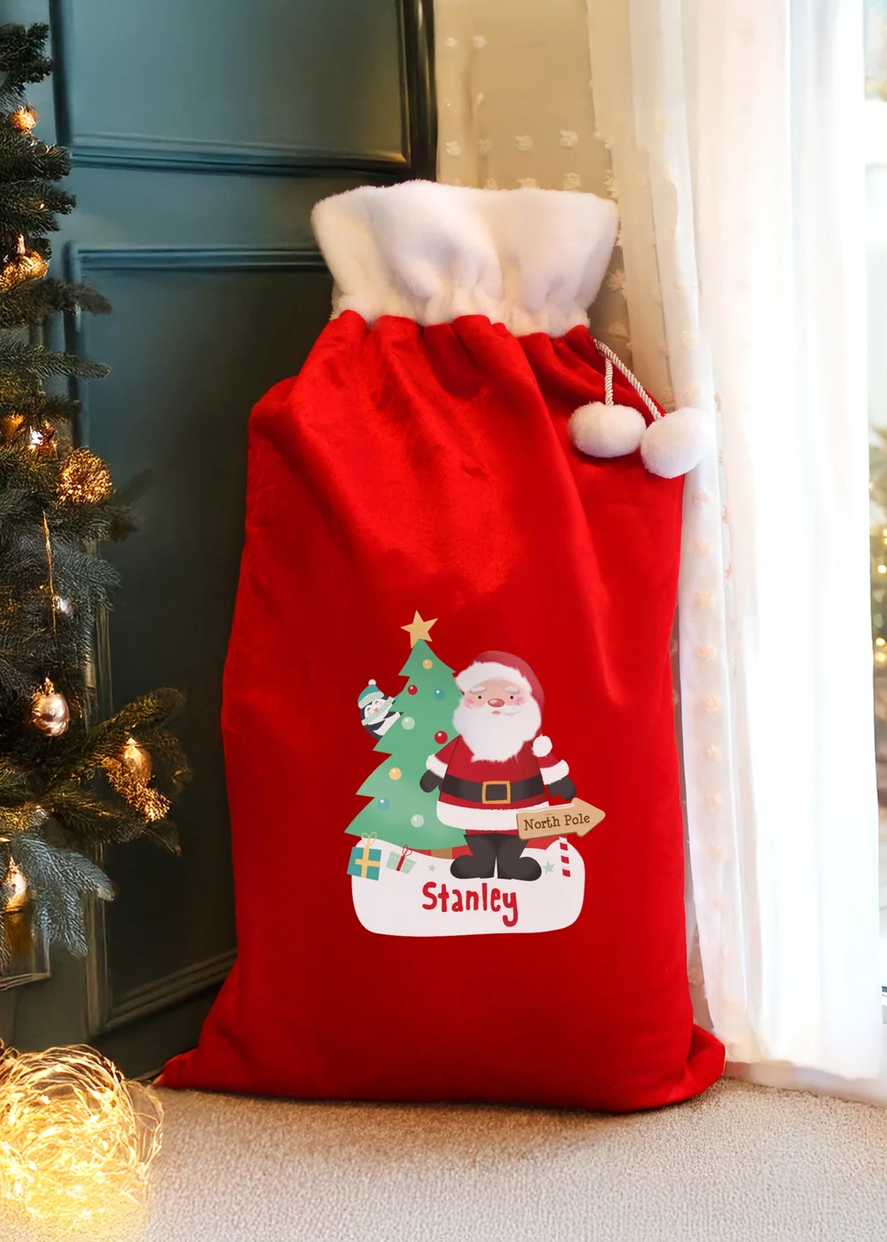 Personalised Memento Company Red Santa Luxury Pom Pom Sack - One Size Image 1
