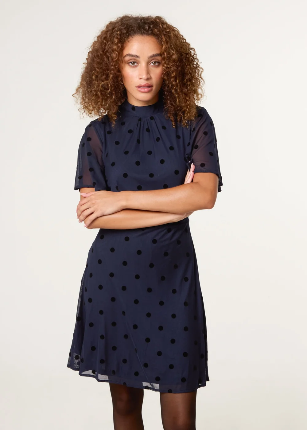 Blue Vanilla Navy Polka Dot Tie Back Dress - L Image 3