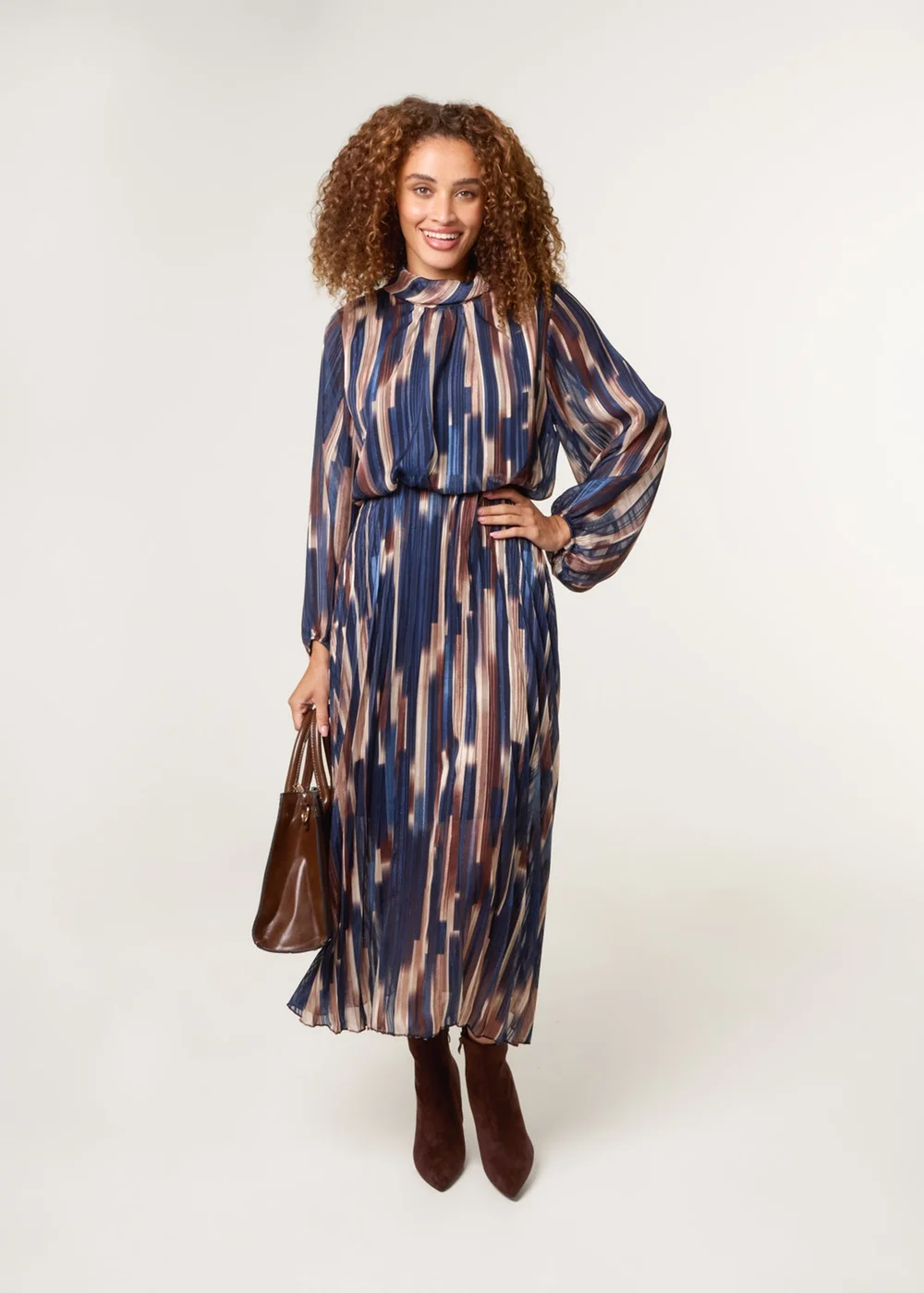 Blue Vanilla Navy High Neck Printed Dress With Elasticated Waist - S Image 1