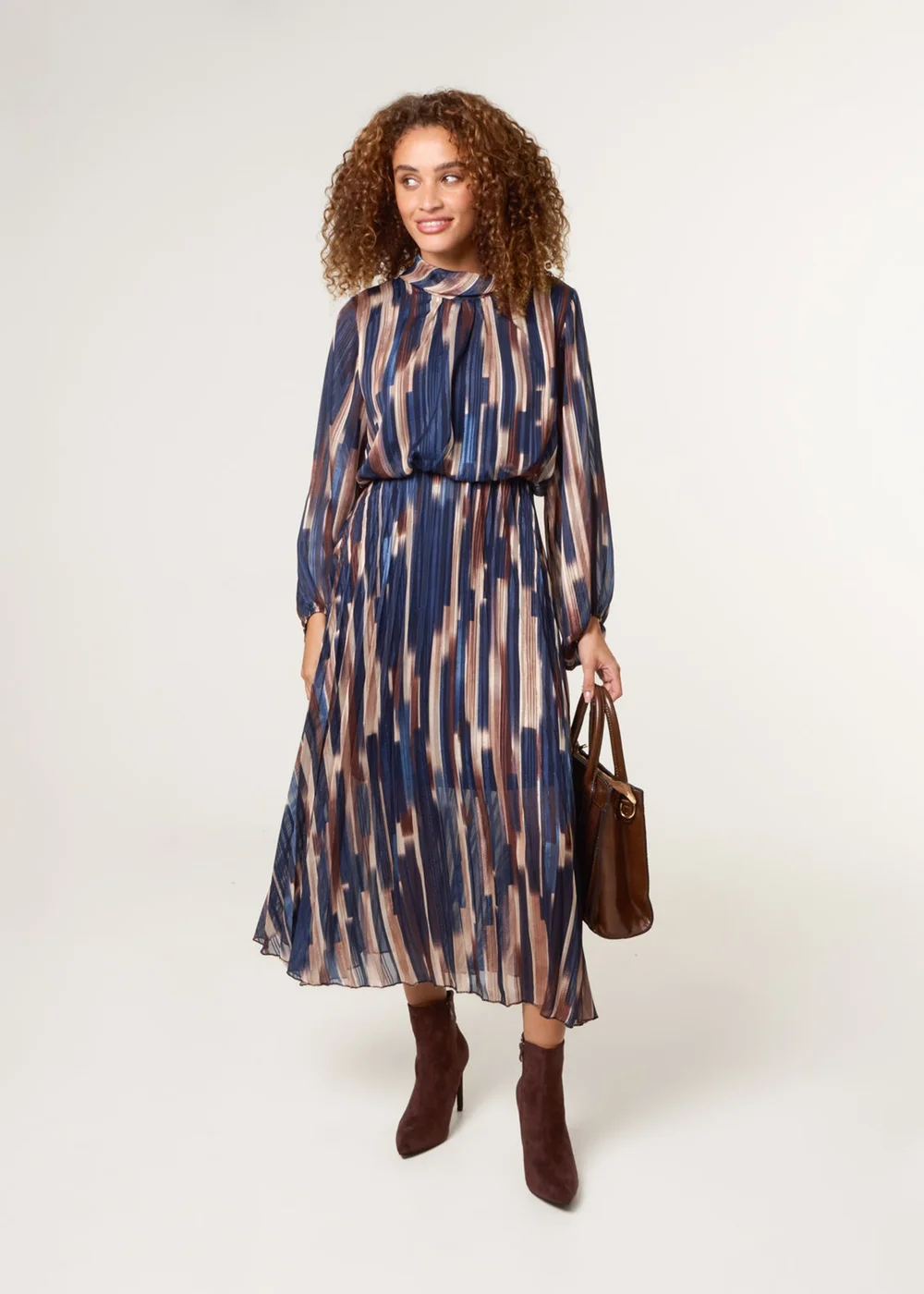 Blue Vanilla Navy High Neck Printed Dress With Elasticated Waist - S Image 2