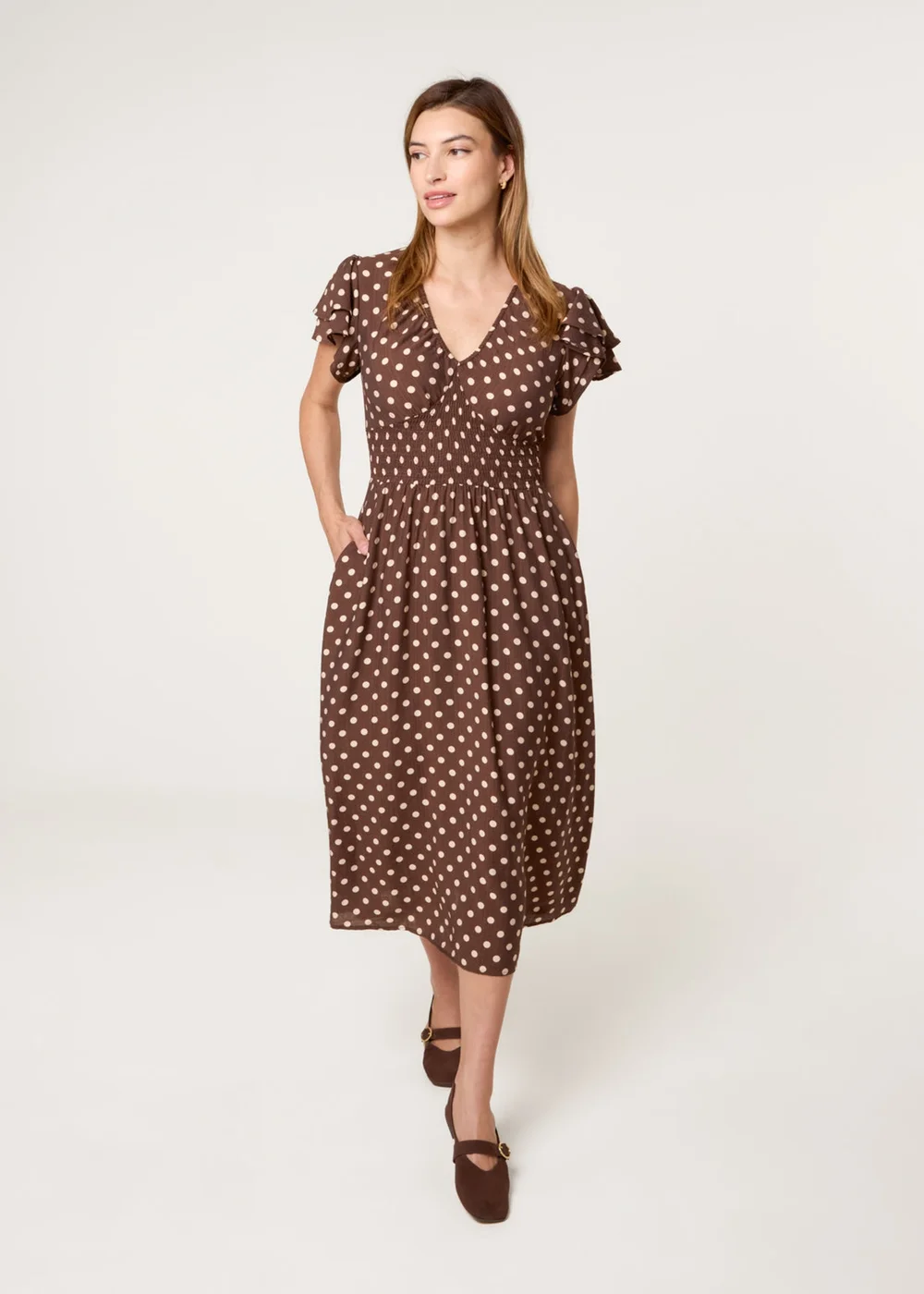 Blue Vanilla Brown Polka Dot Double Frill Shirred Midi Dress - S Image 3