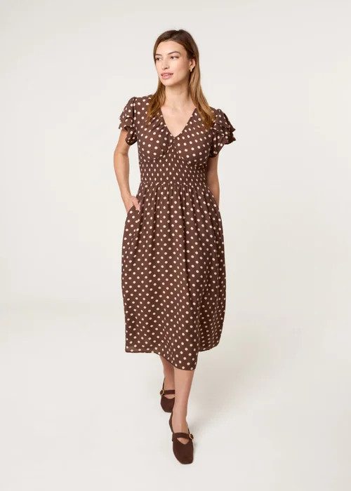 Blue Vanilla Brown Polka Dot Double Frill Shirred Midi Dress - S Image 3