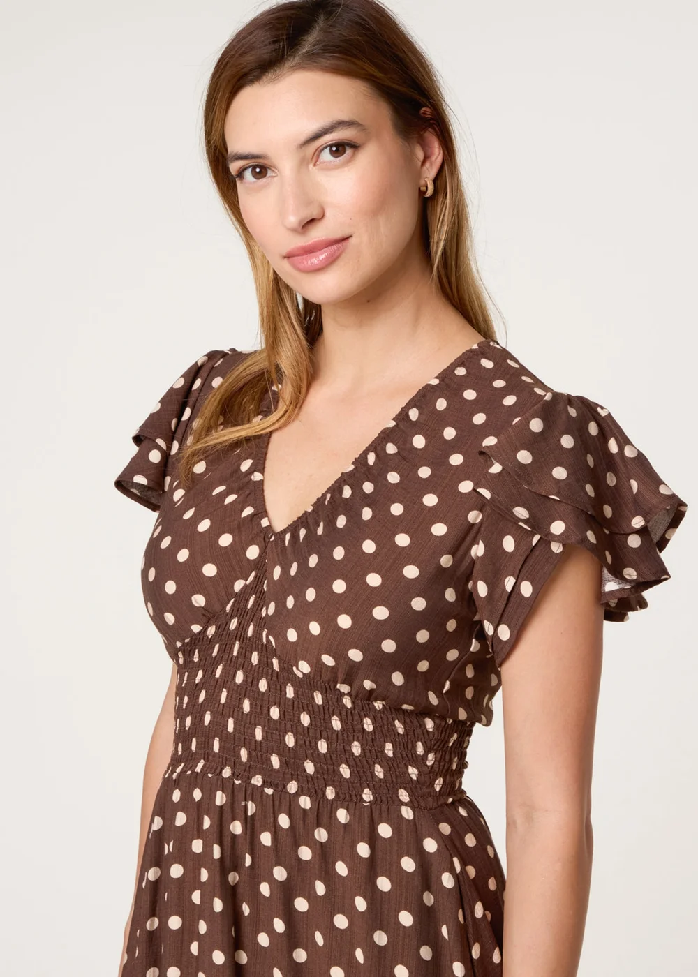 Blue Vanilla Brown Polka Dot Double Frill Shirred Midi Dress - L | Matalan Blue Vanilla Brown Polka Dot Double Frill Shirred Midi Dress - L | Matalan