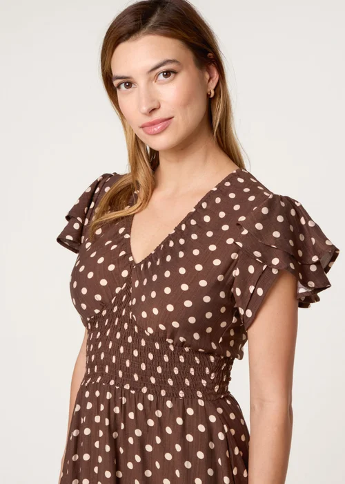 Blue Vanilla Brown Polka Dot Double Frill Shirred Midi Dress - S Image 2