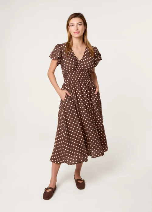 Blue Vanilla Brown Polka Dot Double Frill Shirred Midi Dress - S Image 1
