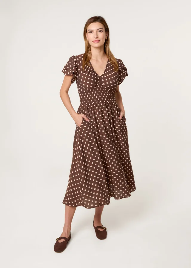 Blue Vanilla Brown Polka Dot Double Frill Shirred Midi Dress