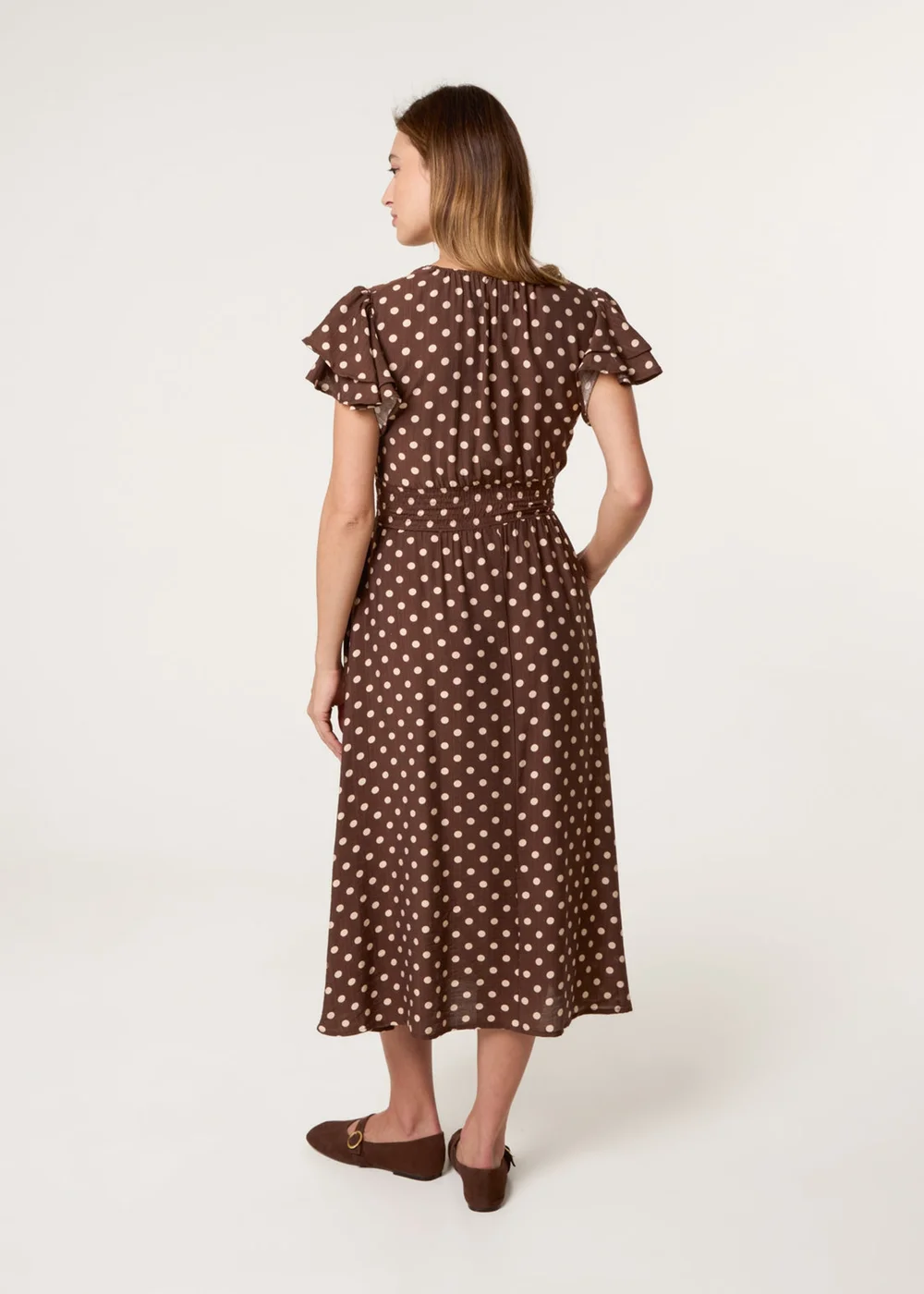 Blue Vanilla Brown Polka Dot Double Frill Shirred Midi Dress - S Image 4