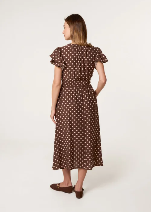 Blue Vanilla Brown Polka Dot Double Frill Shirred Midi Dress - S Image 4
