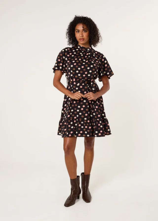 Blue Vanilla Multi Polka Dot High Neck Flippy Dress