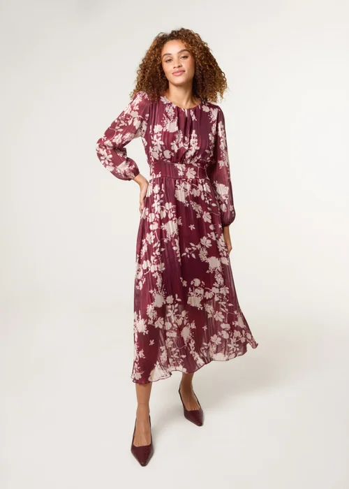 Blue Vanilla Burgundy Scoop Neck Floral Metallic Dress With Elasticated Waist - L Image 2