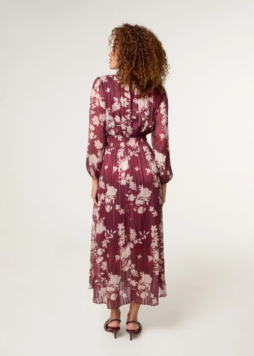 Blue Vanilla Burgundy Scoop Neck Floral Metallic Dress With Elasticated Waist - L Image 4