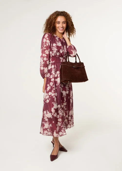 Blue Vanilla Burgundy Scoop Neck Floral Metallic Dress With Elasticated Waist - L Image 1