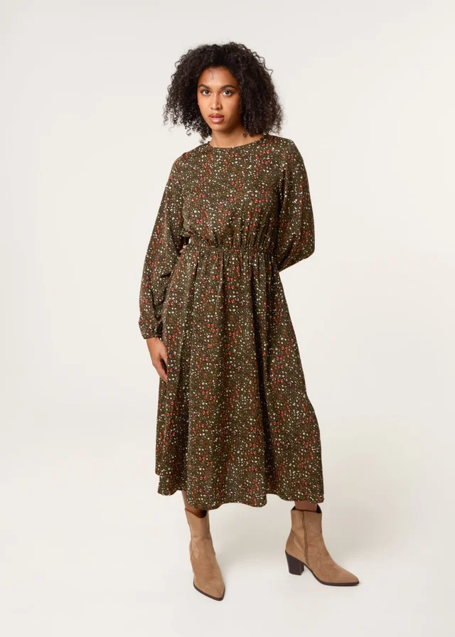 Blue Vanilla Khaki Animal Print Midi Dress