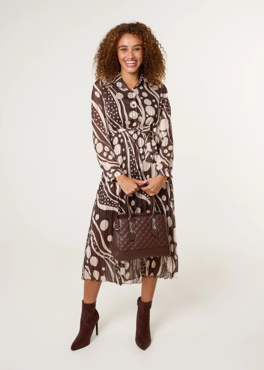 Blue Vanilla Brown Abstract Polka Dot Dress & Metallic Striped Button Collar Dress - S Image 1
