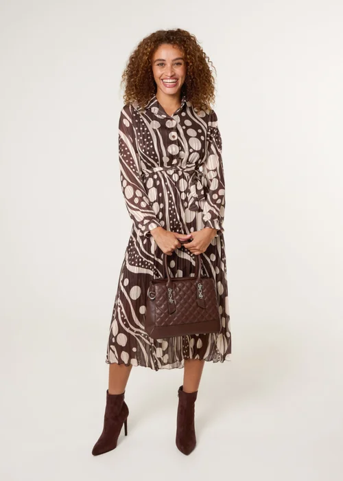 Blue Vanilla Brown Abstract Polka Dot Dress & Metallic Striped Button Collar Dress - S Image 1