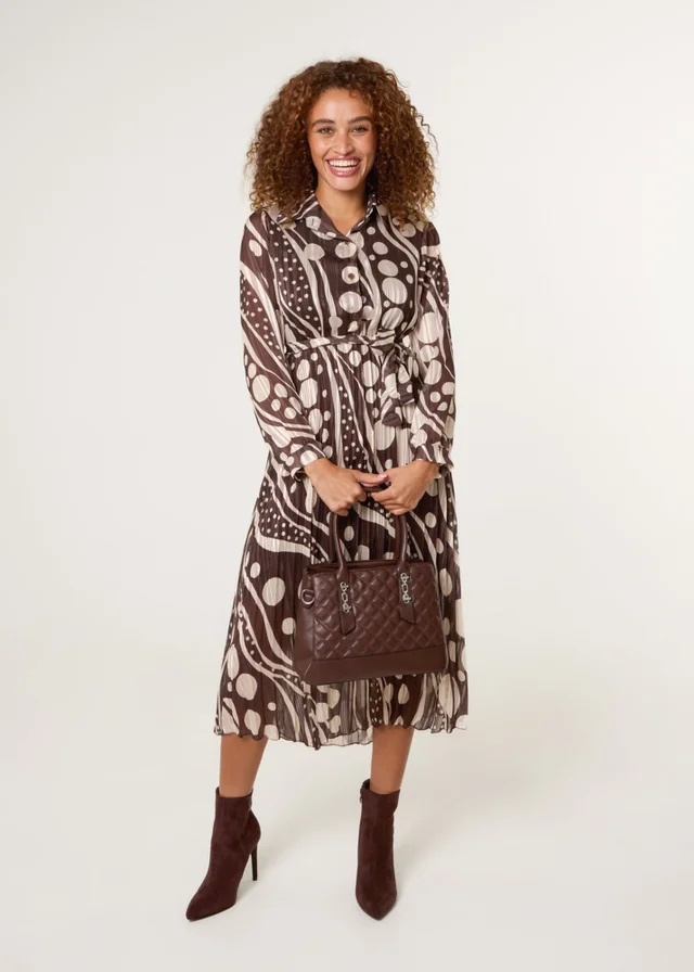 Blue Vanilla Brown Abstract Polka Dot Dress & Metallic Striped Button Collar Dress