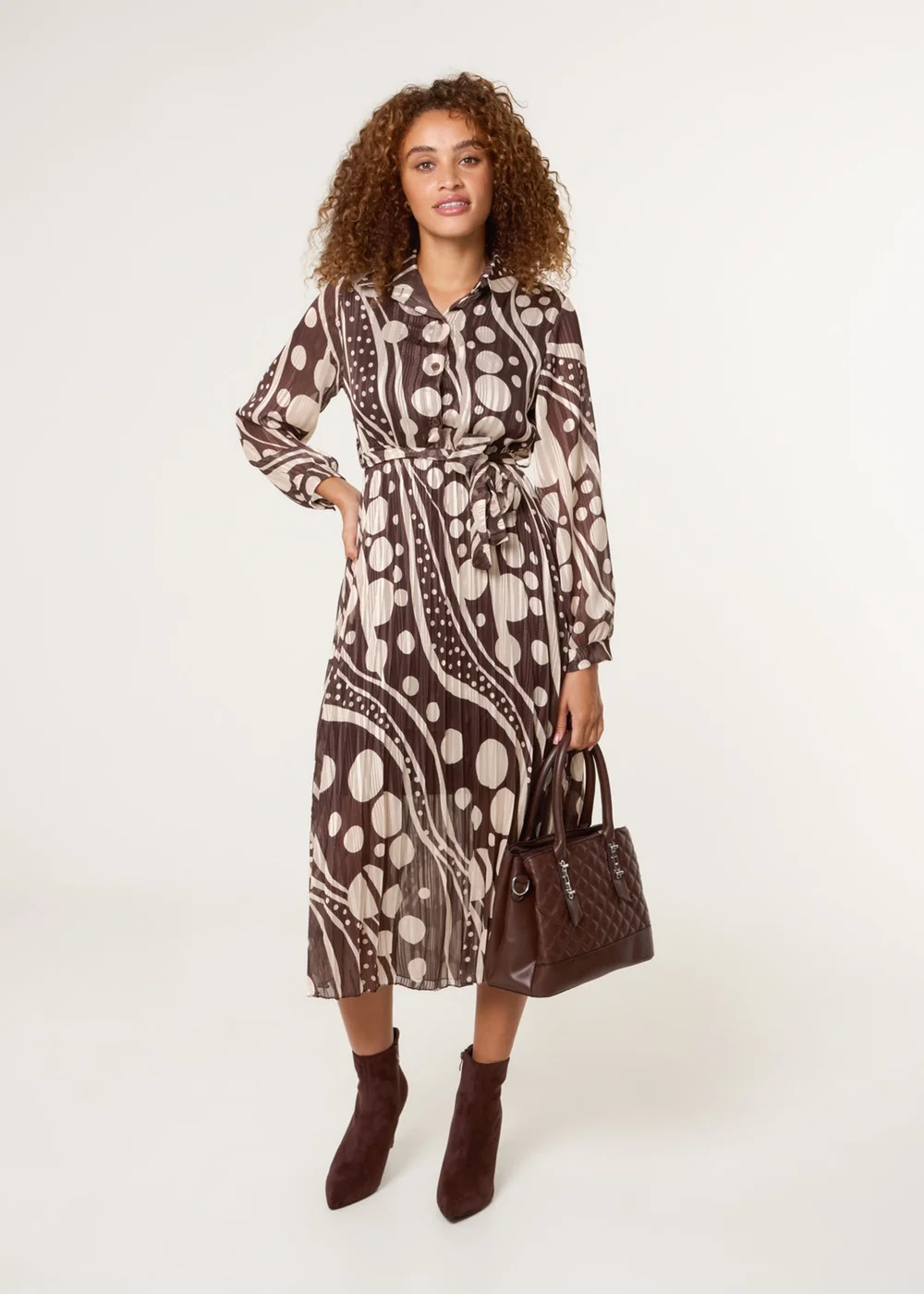 Blue Vanilla Brown Abstract Polka Dot Dress & Metallic Striped Button Collar Dress - S Image 3