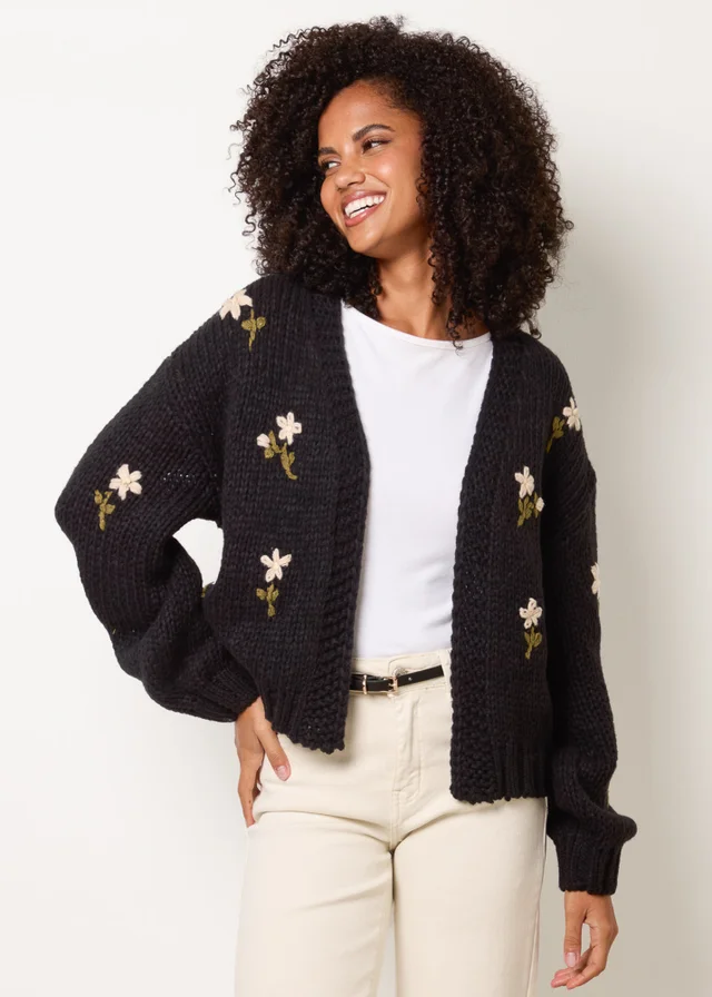 Blue Vanilla Black Flower Embroidery Detailed Cardigan