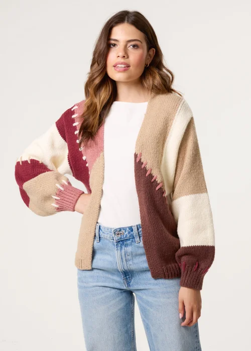 Blue Vanilla Brown Blanket Stitch Detailed Colourblock Cardigan - M/L Image 1