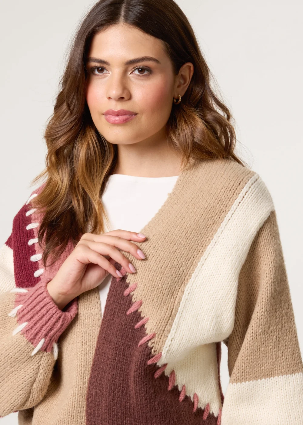 Blue Vanilla Brown Blanket Stitch Detailed Colourblock Cardigan - M/L Image 2
