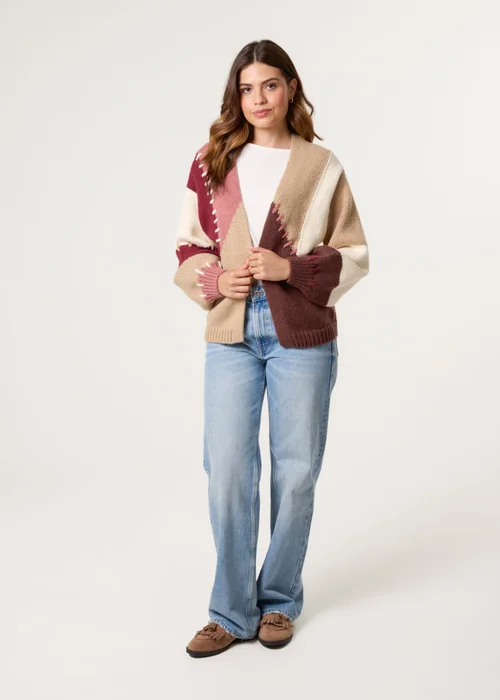 Blue Vanilla Brown Blanket Stitch Detailed Colourblock Cardigan - M/L Image 3
