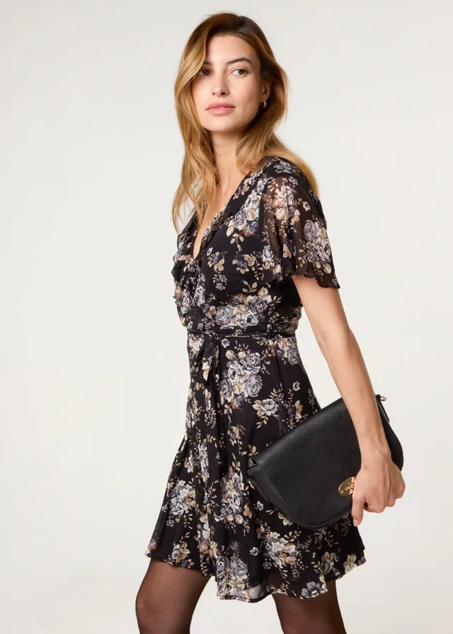 Blue Vanilla Black Frill Wrap Mini Dress