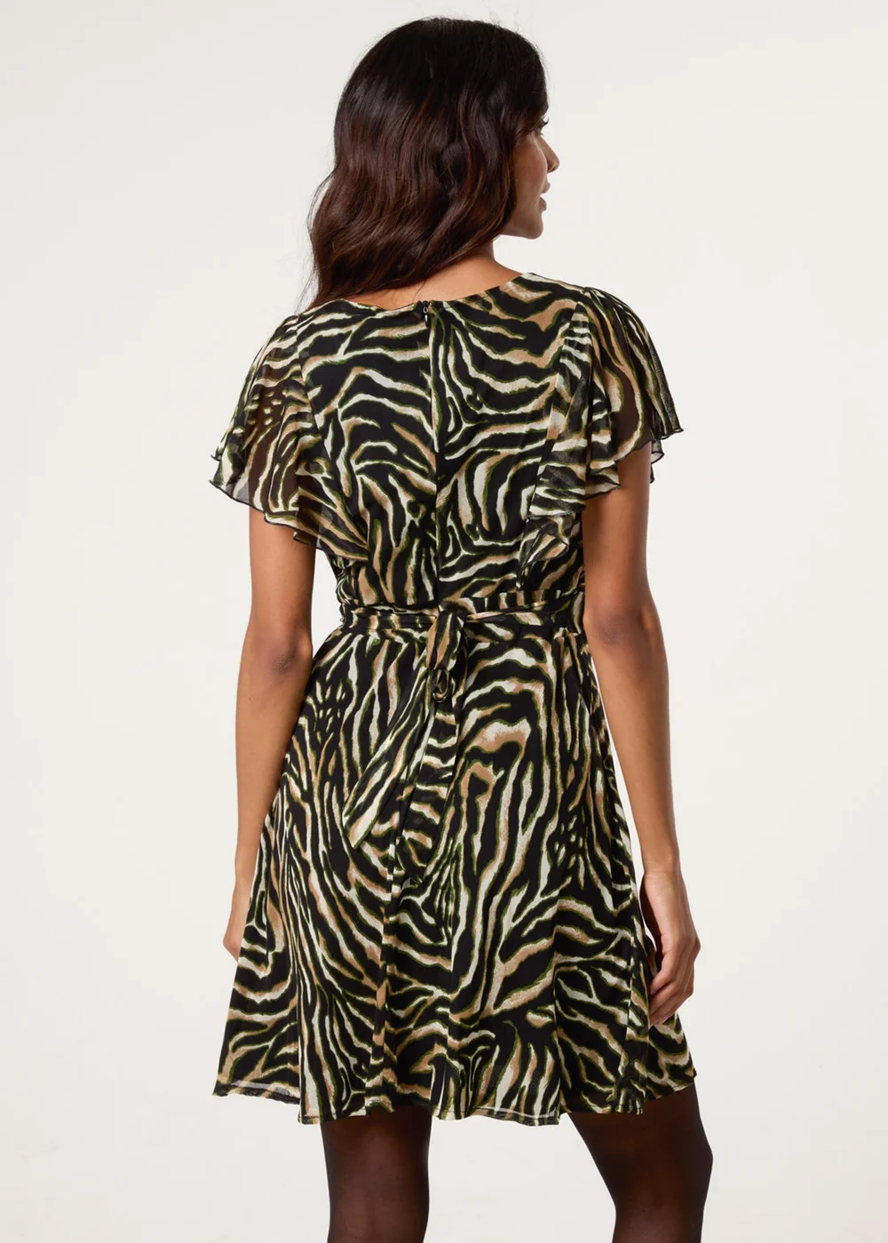 Blue Vanilla Brown Animal Print Frill V Neck Mini Mesh Dress - L Image 4