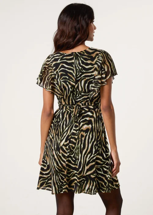 Blue Vanilla Brown Animal Print Frill V Neck Mini Mesh Dress - L Image 4