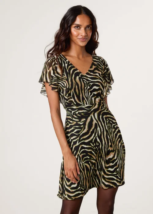 Blue Vanilla Brown Animal Print Frill V Neck Mini Mesh Dress - L Image 1