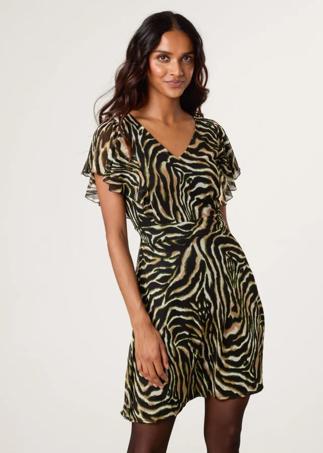 Blue Vanilla Brown Animal Print Frill V Neck Mini Mesh Dress