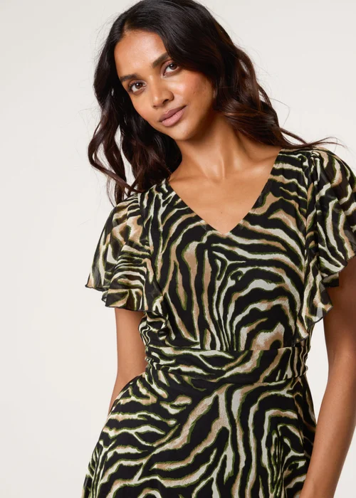 Blue Vanilla Brown Animal Print Frill V Neck Mini Mesh Dress - L Image 3
