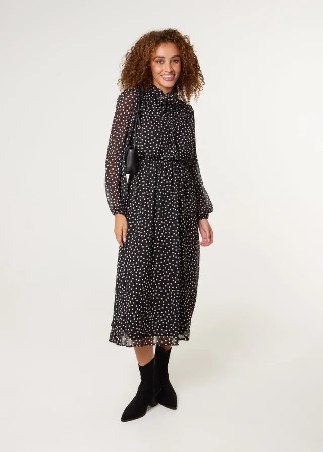 Blue Vanilla Black Polka Dot Tie Neck Midi Dress