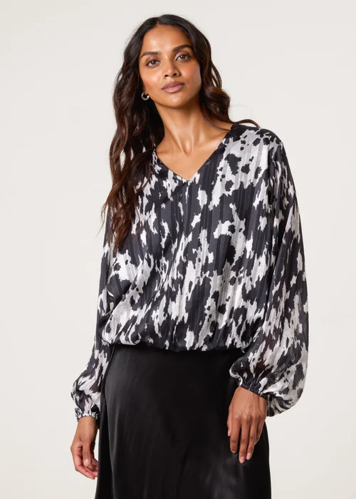 Blue Vanilla Black Metallic V Neck Bubble Hem Blouse - S Image 1