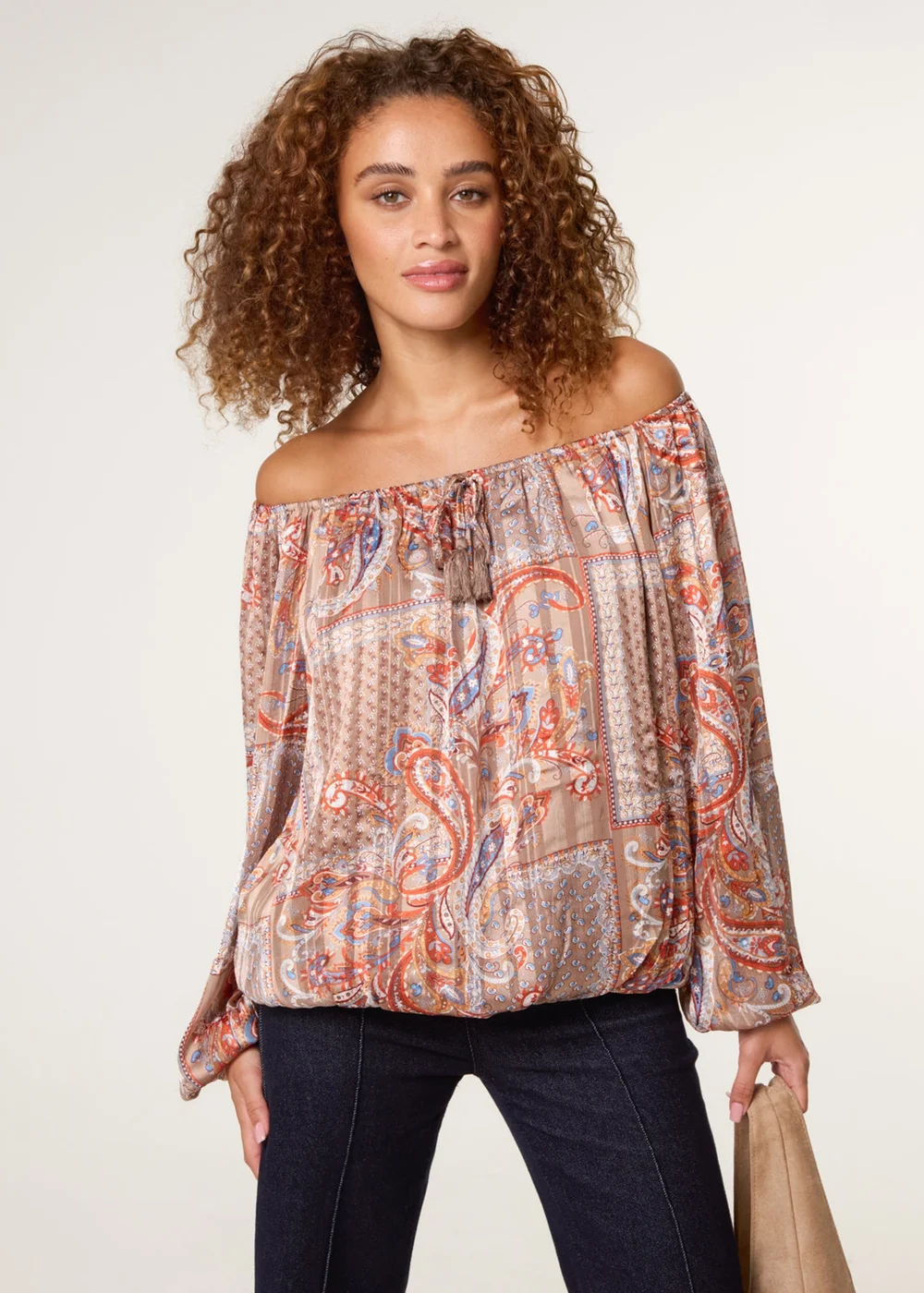 Blue Vanilla Beige Bardot Puff Ball Blouse - S Image 1