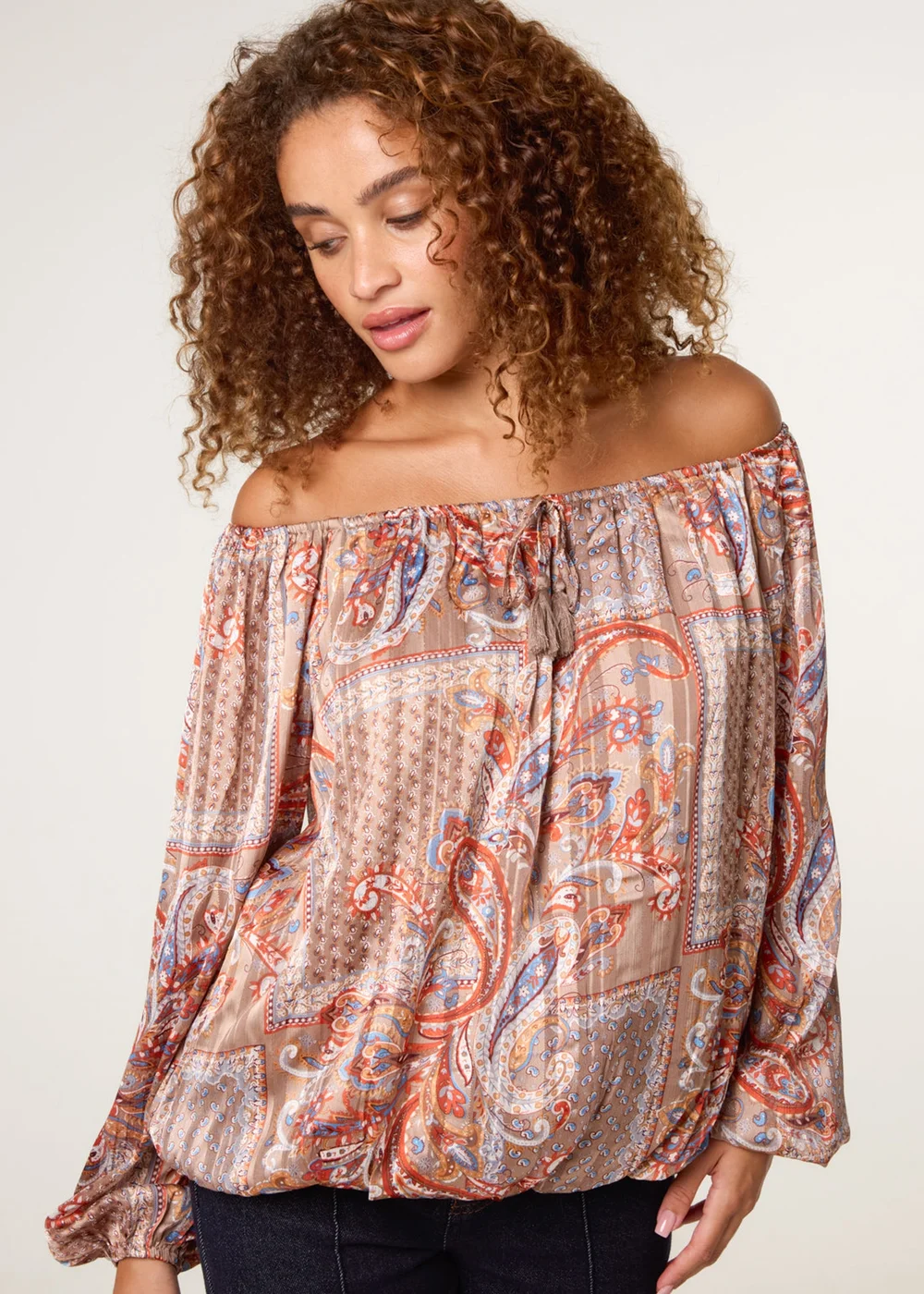 Blue Vanilla Beige Bardot Puff Ball Blouse - S Image 3