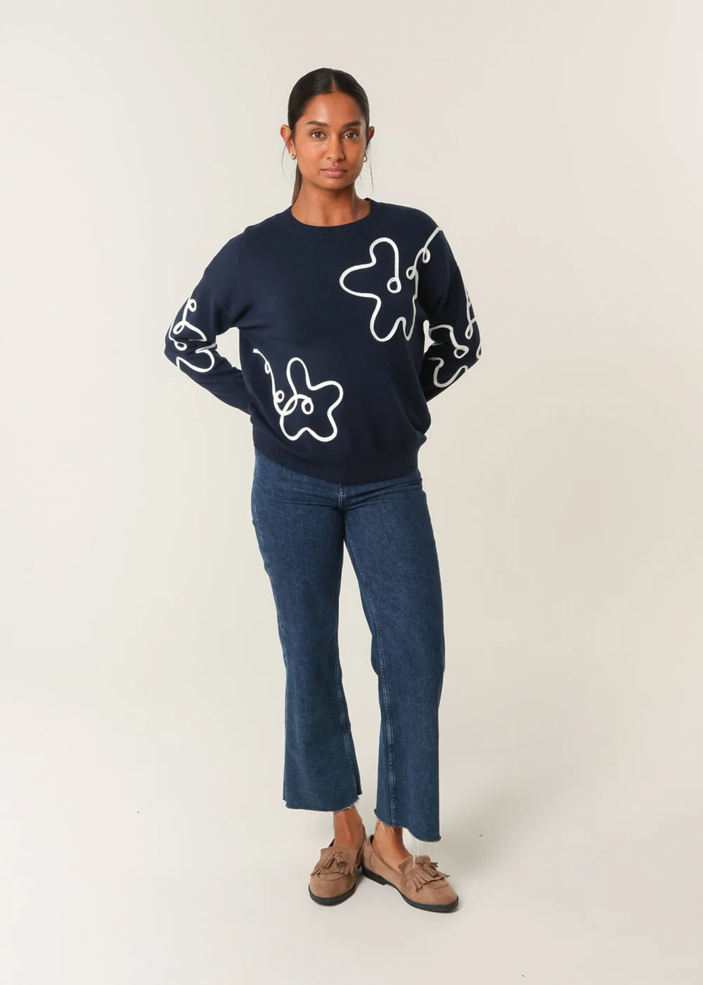 Blue Vanilla Navy Floral Pattern Sweater - S Image 1