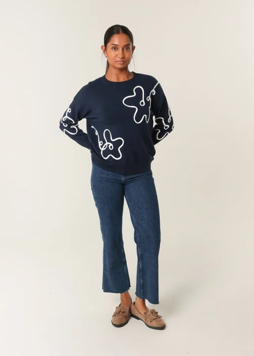 Blue Vanilla Navy Floral Pattern Sweater - S Image 1