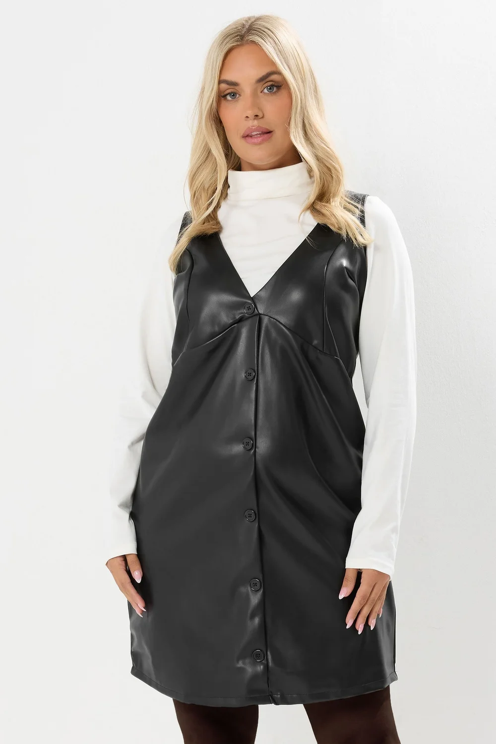 Yours Curve Black Faux Leather Pinafore Dress - 38-40 | Matalan Yours Curve Black Faux Leather Pinafore Dress - 38-40 | Matalan