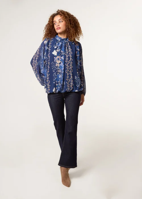 Blue Vanilla Navy High Neck Puffball Floral Blouse - S/M Image 1