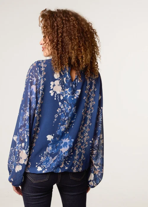 Blue Vanilla Navy High Neck Puffball Floral Blouse - S/M Image 4