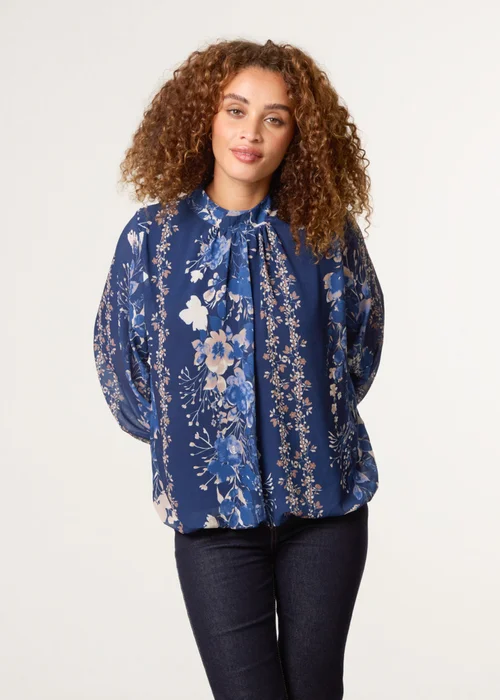 Blue Vanilla Navy High Neck Puffball Floral Blouse - S/M Image 2