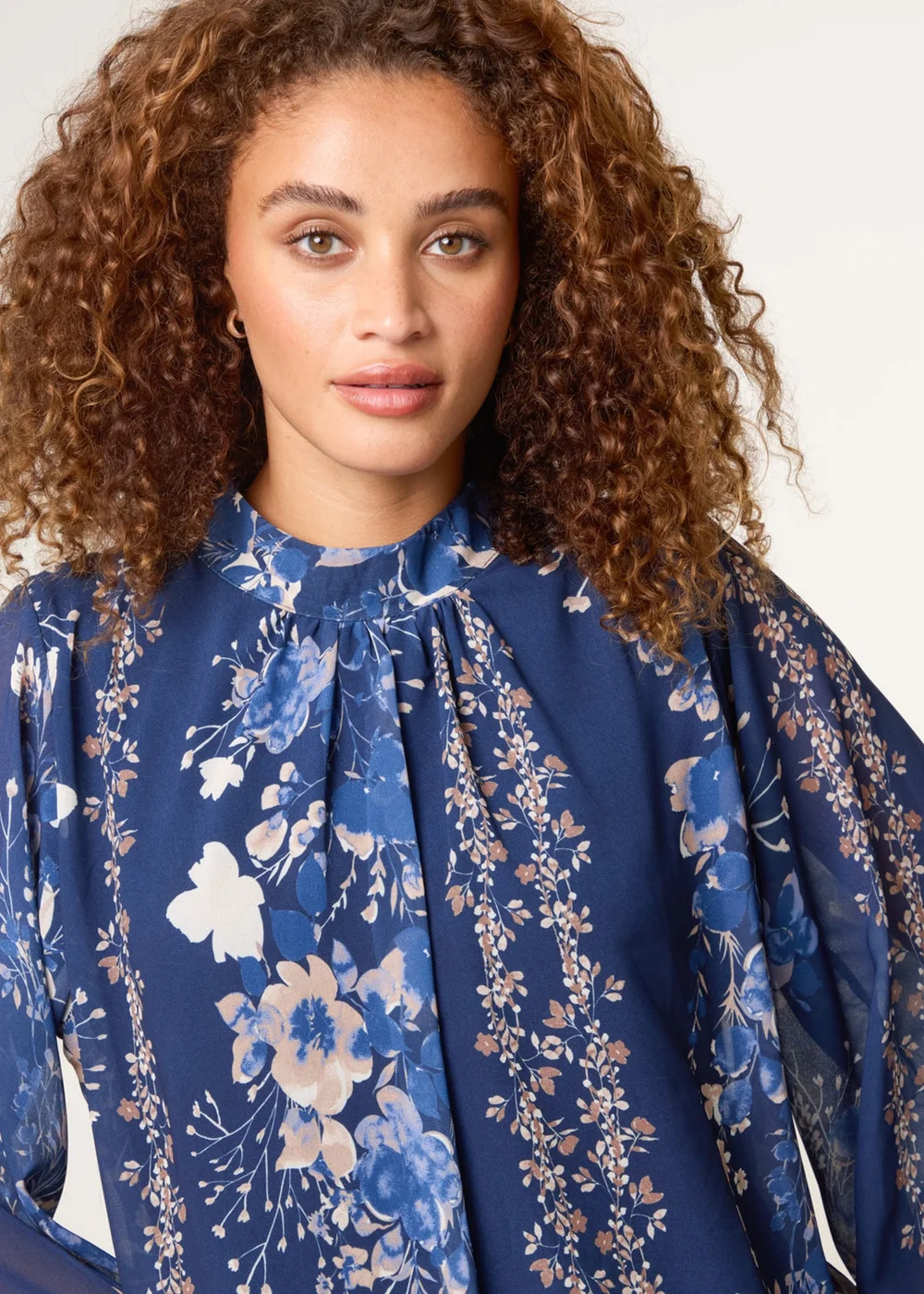 Blue Vanilla Navy High Neck Puffball Floral Blouse - S/M Image 3