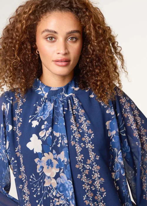 Blue Vanilla Navy High Neck Puffball Floral Blouse - S/M Image 3