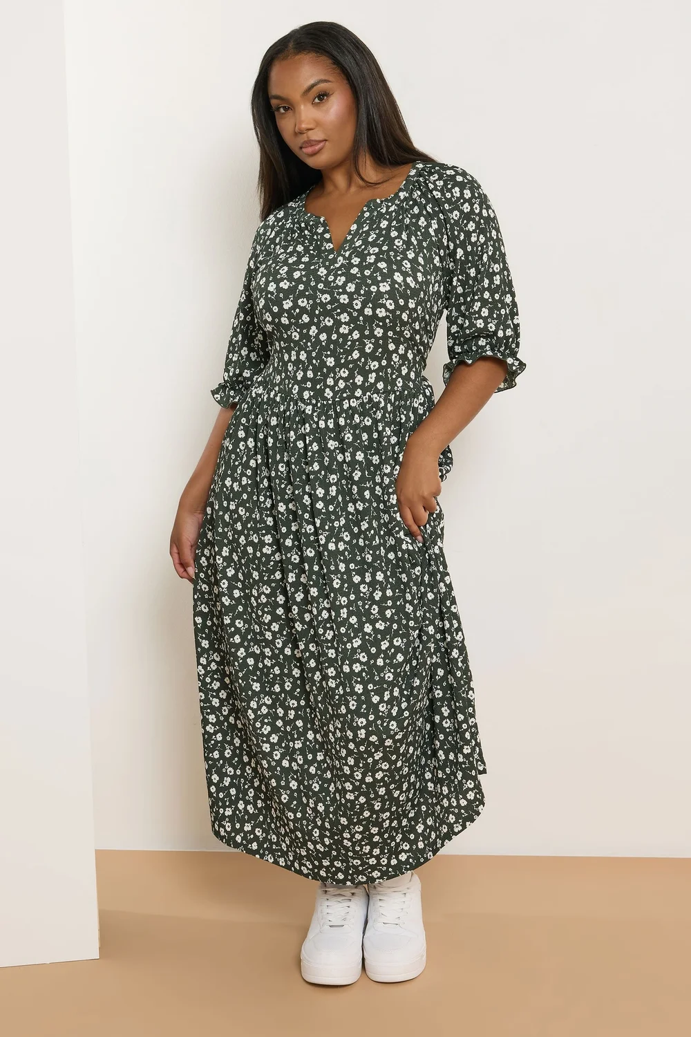 Yours Curve Khaki Green Ditsy Floral Notch Neck Dress - 22-24 | Matalan Yours Curve Khaki Green Ditsy Floral Notch Neck Dress - 22-24 | Matalan