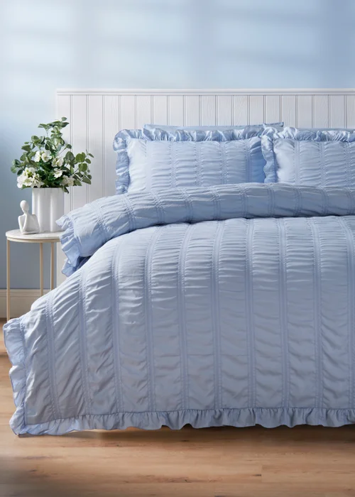 Blue Seersucker Frill Duvet Set - Double Image 1