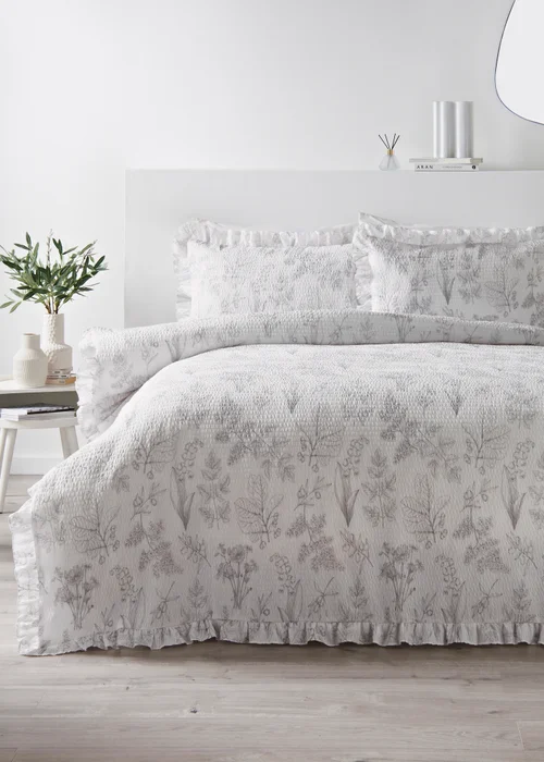Grey Linear Leaf Frill Duvet Set - Double Image 1