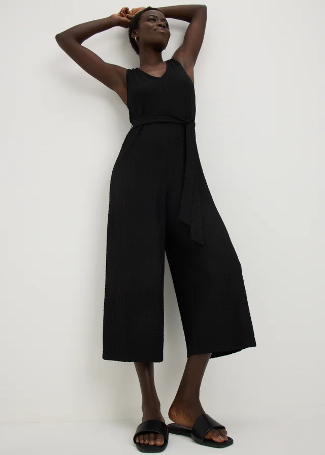 Black Crinkle Belted Culotte Jumpsuit