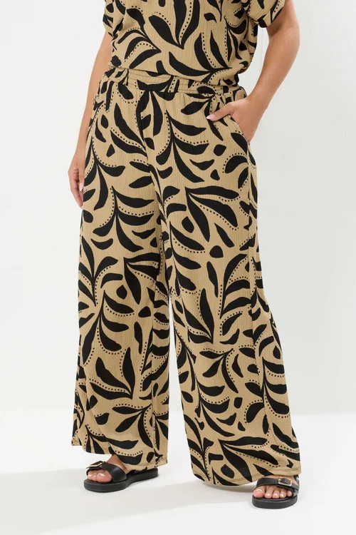 Yours Curve Natural Brown Leaf Crinkle Wide Leg Trousers - 16 Image 1