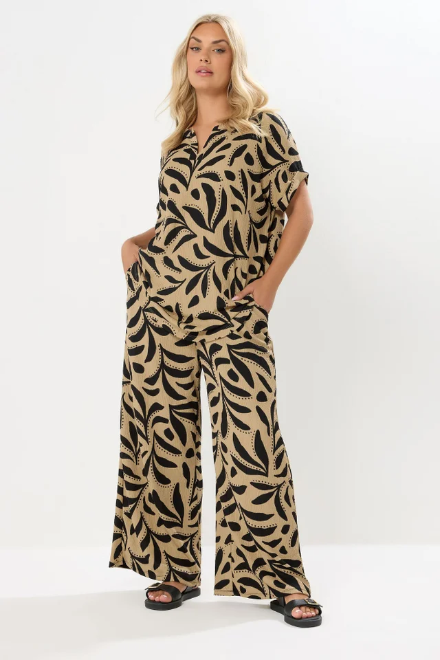 Yours Curve Natural Brown Leaf Crinkle Wide Leg Trousers