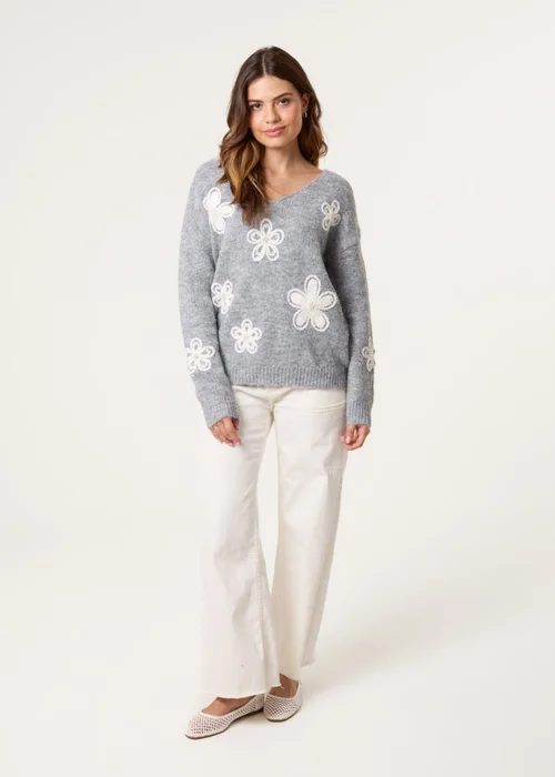 Blue Vanilla Grey V Neck Flower & Pearl Jumper - S/M Image 2